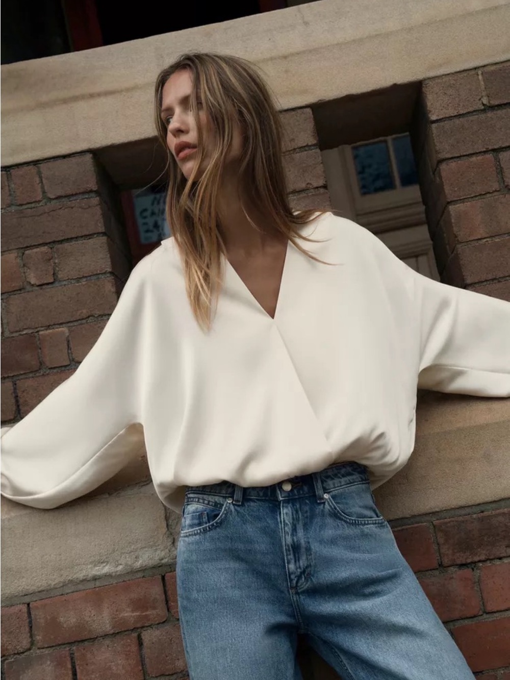 Zara Oversized V-Neck Draped Blouse in Cream
